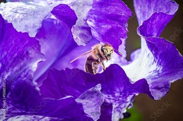 Fototapeta A bee is perched inside a vibrant purple flower, collecting pollen on a sunny day in the garden.