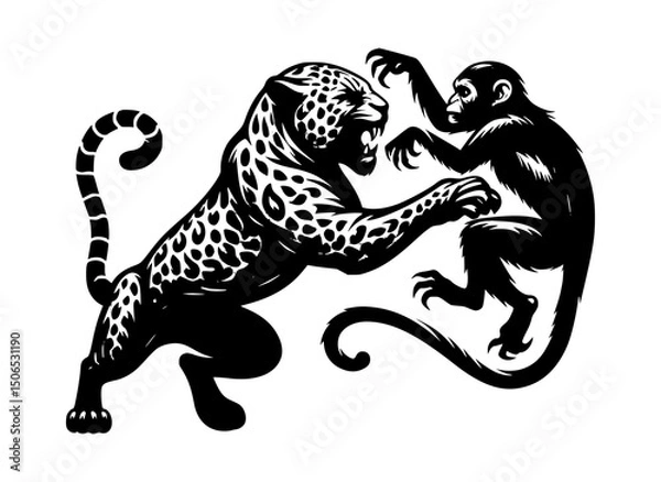 Fototapeta leopard attack on monkey silhouette vector