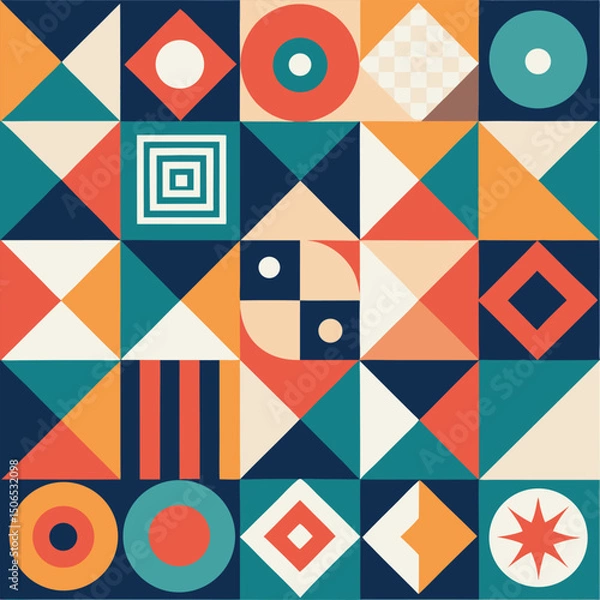 Fototapeta Geometric pattern vector background with Scandinavian abstract color or Swiss geometry prints of rectangles, squares and circles shape design