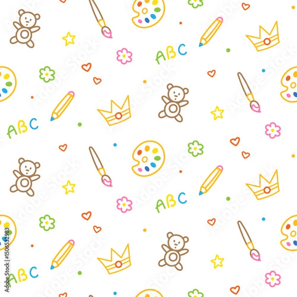 Fototapeta Seamless pattern with colorful doodle kid drawing. Fun childish drawings of toys,, cloud, bee, butterfly and flower isolated on white background.