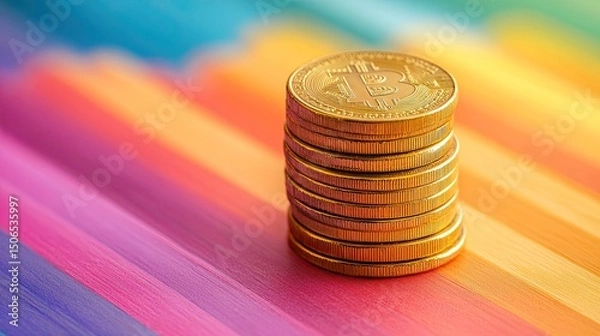 Fototapeta A stack of bitcoin coins on a colorful striped background with vibrant hues and bright lighting