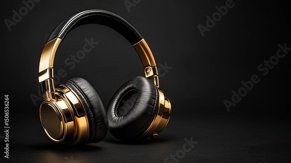 Fototapeta Close up of gold and black over ear headphones on a dark background in a studio setting for listening
