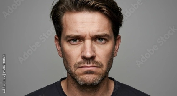 Fototapeta Intense portrait of a man with serious expression against neutral background