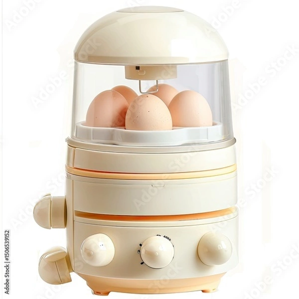 Fototapeta A stylish egg cooker with a transparent lid and four eggs inside. on white background