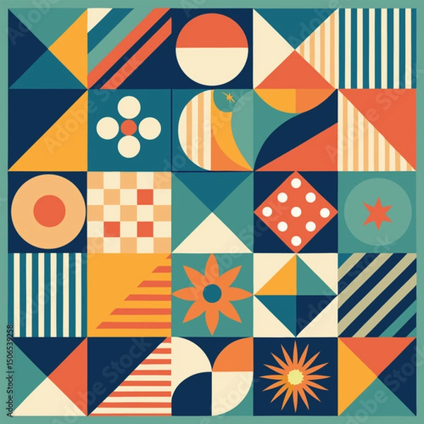 Fototapeta Geometric pattern vector background with Scandinavian abstract color or Swiss geometry prints of rectangles, squares and circles shape design