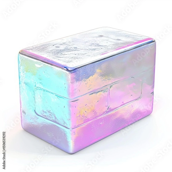 Fototapeta A shiny, iridescent block resembling a piece of ice or crystal. on white background