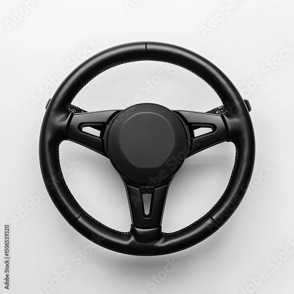 Fototapeta A top-down view of a black steering wheel, commonly used in vehicles for navigation. on white background