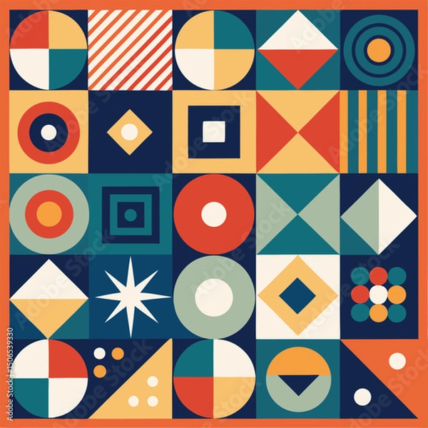 Fototapeta Geometric pattern vector background with Scandinavian abstract color or Swiss geometry prints of rectangles, squares and circles shape design
