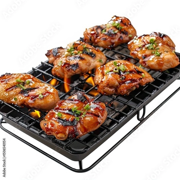 Fototapeta Grilled chicken pieces on a barbecue grill, showcasing a delicious meal preparation. on white background