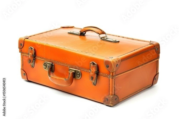 Fototapeta A vintage orange suitcase with a handle, ideal for travel and storage. on white background