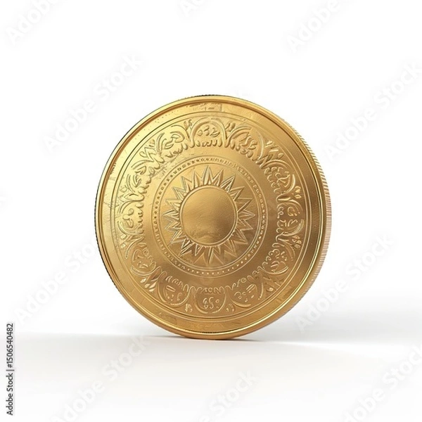 Fototapeta A gold coin featuring intricate designs and a sun motif, symbolizing wealth or currency. on white background
