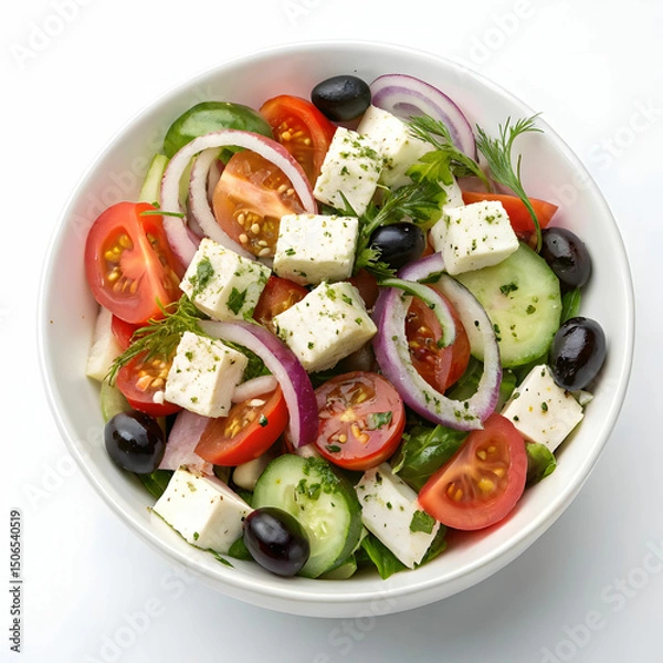 Obraz A natural and vibrant Greek salad, isolated on a white background, featuring crisp vegetables, olives, feta cheese,