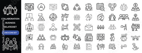 Fototapeta Collaboration icon set. Business related line icons teamwork, meeting, partnership, work group, business people, conference, presentation and more. Editable stroke. Vector illustration design 