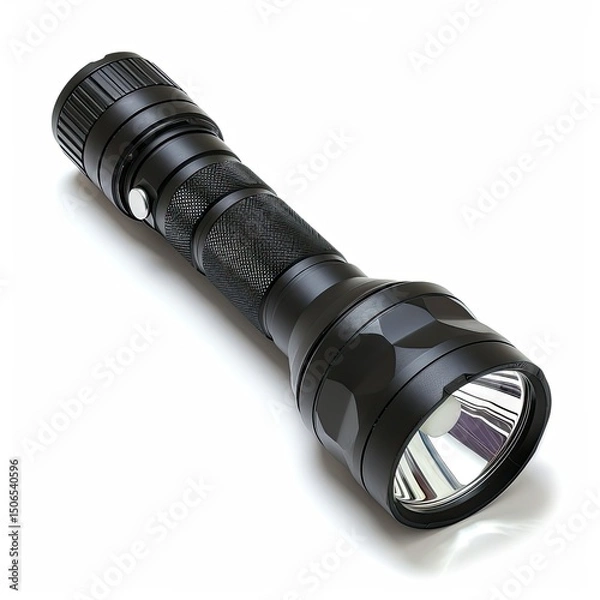 Fototapeta A sleek, black flashlight designed for illumination in dark environments. on white background