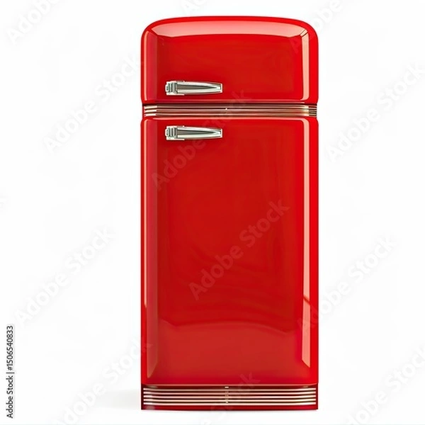 Fototapeta A vibrant red retro-style refrigerator, showcasing a classic design and storage functionality. on white background