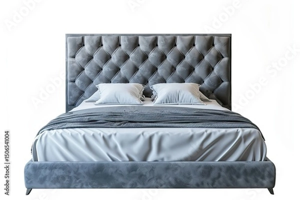 Fototapeta A stylish, modern bed with a tufted headboard and soft bedding, ideal for a comfortable bedroom. on white background