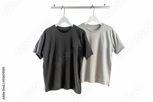 Fototapeta Two t-shirts hanging on a rack, one black and one gray, showcasing casual apparel. on white background