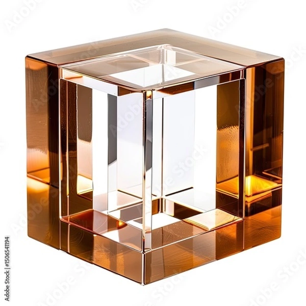 Fototapeta A transparent, amber-colored glass cube sculpture with geometric shapes. on white background