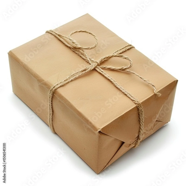 Fototapeta A neatly wrapped brown package tied with twine, suggesting a gift or shipment. on white background