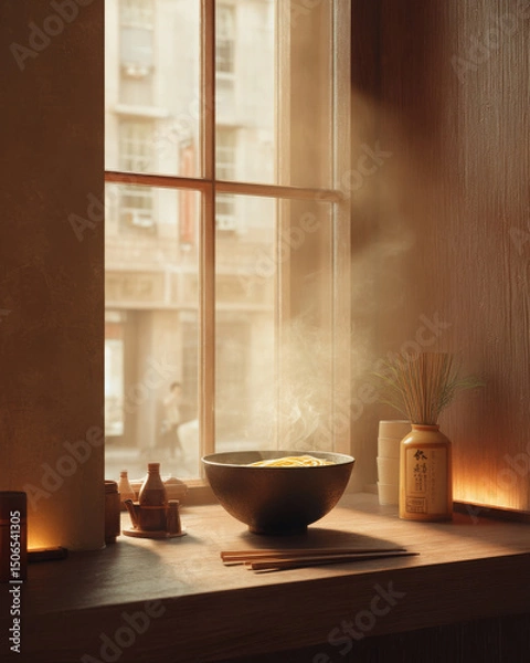 Fototapeta Bowl of ramen sits by window, comforting scene with soft light
