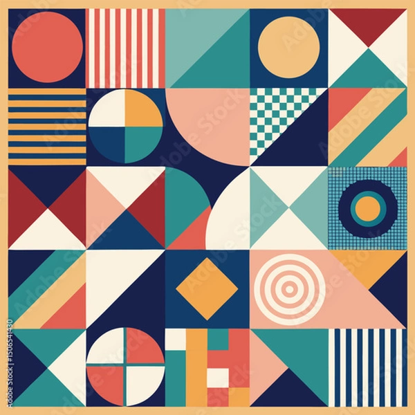 Fototapeta Geometric pattern vector background with Scandinavian abstract color or Swiss geometry prints of rectangles, squares and circles shape design