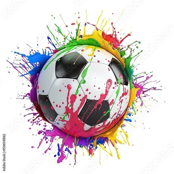 Fototapeta A colorful soccer ball surrounded by vibrant paint splashes, symbolizing sports and creativity. on white background