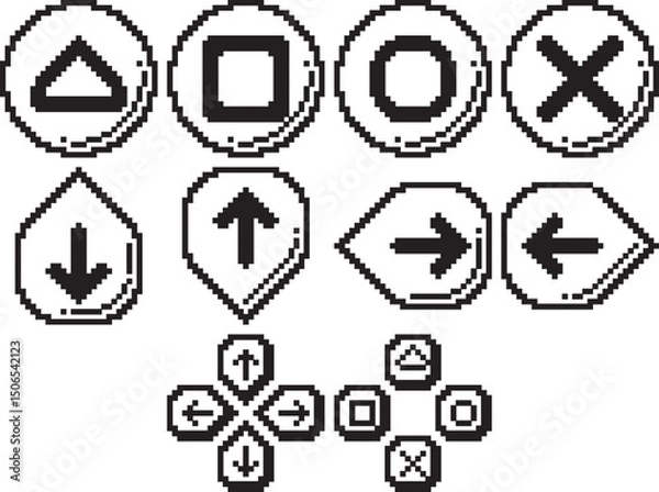 Fototapeta Button glitch cross triangle square circle direction joystick line bold shadow right icon black-white vector pixel art icon