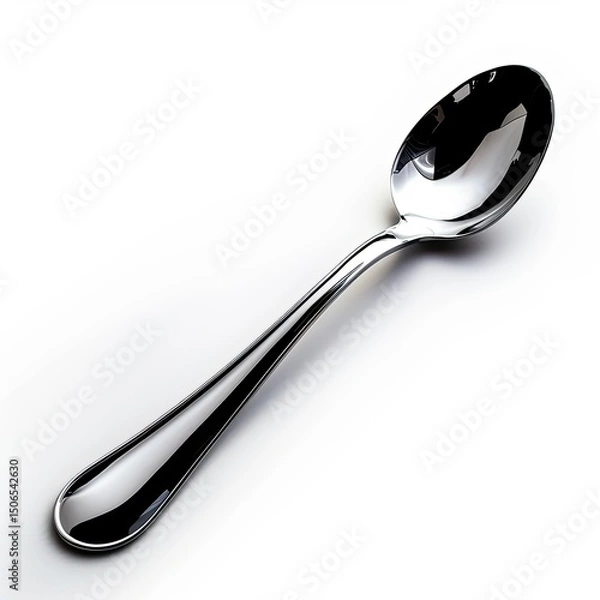 Fototapeta A shiny stainless steel spoon resting on a white surface, designed for serving or eating. on white background
