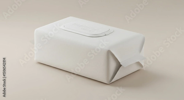 Fototapeta A close up shot of a white rectangular package of wipes on a beige surface in soft lighting