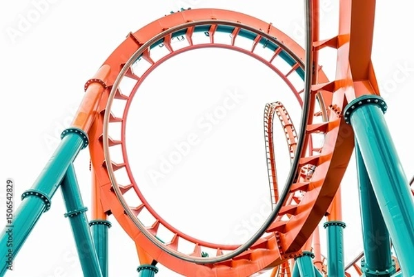 Fototapeta A close-up view of a colorful roller coaster loop, showcasing thrilling amusement park design. on white background