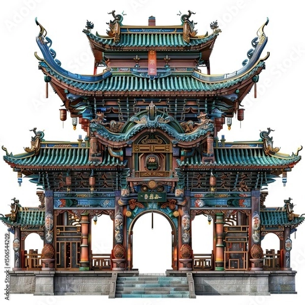 Fototapeta Ornate traditional building with intricate details and vibrant colors. on white background