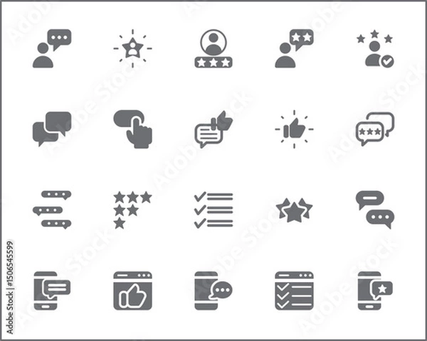 Fototapeta Review And feedback Icon Set. Vector collection of customer, rating, star rating, chat, testimonials, survey, support, communication, sign and element symbols or logo element.