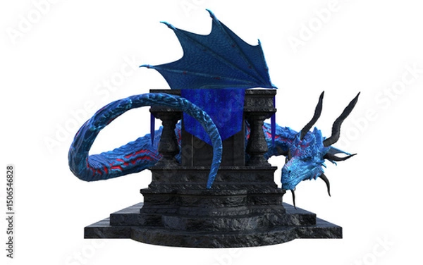 Obraz A blue dragon with red spots and black horns encircling a black medieval fantasy altar with a cloth on top. 3D illustration. 