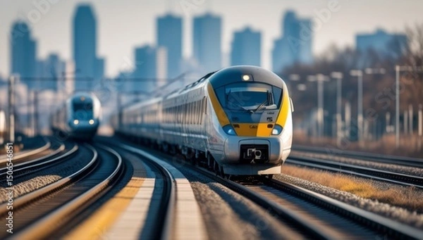 Fototapeta Modern high-speed train moving on railroad tracks with city skyline in background