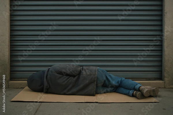 Obraz homeless people sleep on cardboard in front of closed shops