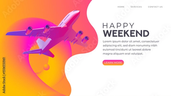 Obraz 3D gradient illustration of a commercial airplane flying over a dynamic abstract background with "Happy Weekend" text, ideal for travel ads, holiday promotions, landing pages, or web banners