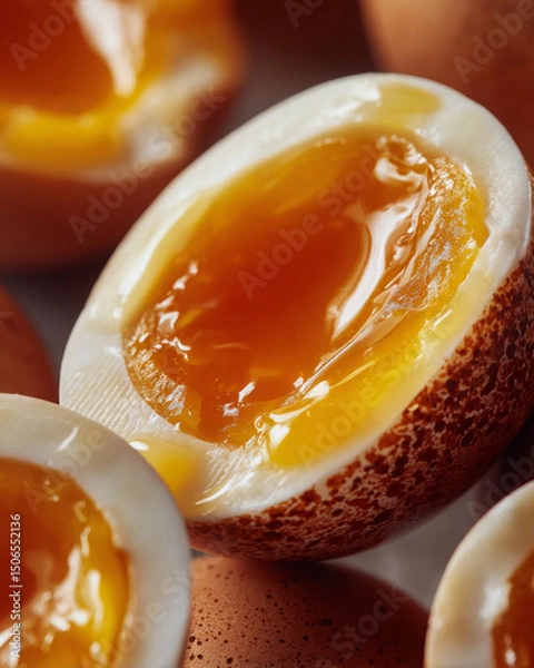 Fototapeta Softboiled egg cut in half looks delicious and tasty