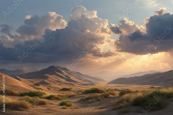 Obraz Desert landscape with clouds above on white background
