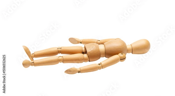 Fototapeta Isolated Wooden Mannequin Figure Lying Down on Transparent Background