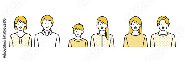 Obraz イラスト素材: シニア夫婦、シングルマザーの親子、若い男女の上半身の人物イラストセット