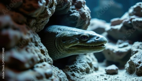 Fototapeta Close-up of a lizard peeking out from rocky terrain showcasing detailed scales and textured environment in natural lighting