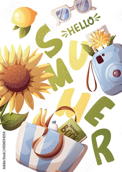 Fototapeta Summer card set with sunflower, instant camera, beach bag, lemon, sunglasses. "Hello Summer" Handwritten lettering. Vector illustration for card, postcard, poster, banner.	