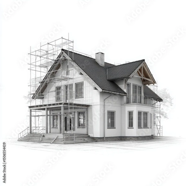 Obraz House with scaffolding construction on white background