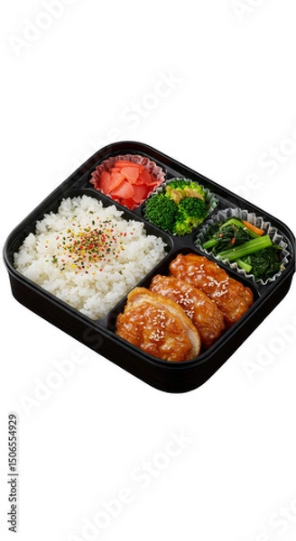 Fototapeta Japanese Bento Box with Chicken Rice Broccoli Vegetables on Transparent Background