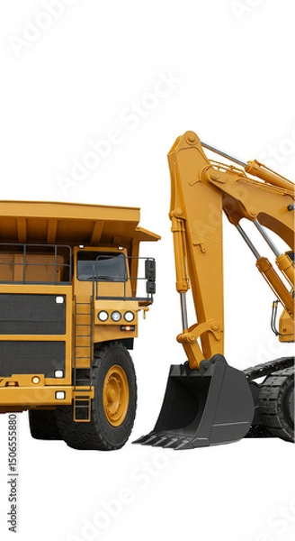 Fototapeta Large Yellow Excavator And Truck Isolated On Transparent Background Photo