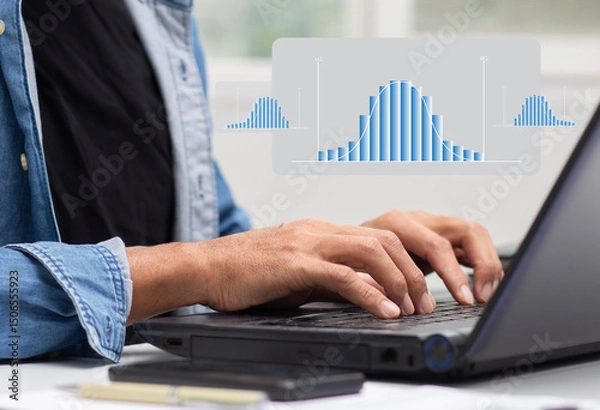 Fototapeta Businessman work with laptop and analyzing distribution data with histogram graph statistical process control and development process at workplace, quality control improvement concept