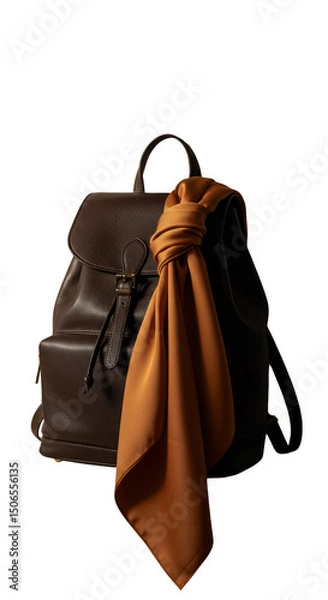Fototapeta Leather Backpack with a Brown Scarf Accessory on an Isolated Background