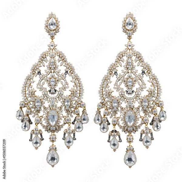 Fototapeta Luxurious Ornate Intricate Chandelier-Style Earrings with Crystal and Diamond Detailing, Gem-Encrusted Sparkling Glamorous Baroque Wedding Design – PNG file isolated on transparent background