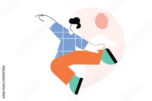 Fototapeta Minimalist Jumping Character Illustration – Modern Cartoon Style, Bold Colors, Floating Person with Abstract Clouds for Tech Branding, Editorial, and App Design.