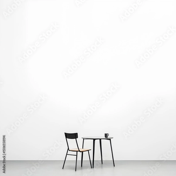 Obraz Minimalistic image with a white background, featuring a black table in the right corner accompanied by a black chair and a black coffee cup. Clean lines and stark contrast emphasize simplicity.